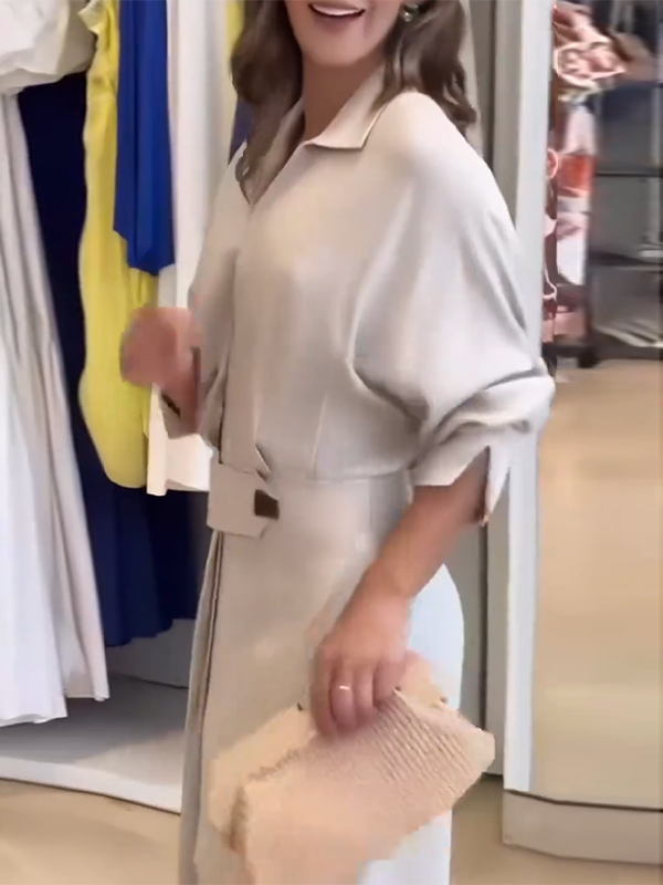 Long Sleeves Loose Split-Joint Split-Side V-Neck Maxi Dresses Shirt Dress