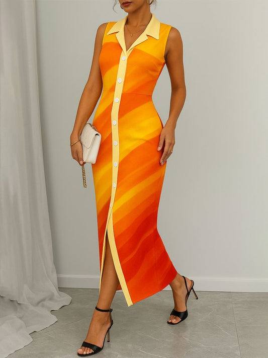 Bodycon Sleeveless Buttoned Contrast Color Notched Collar Maxi Dresses