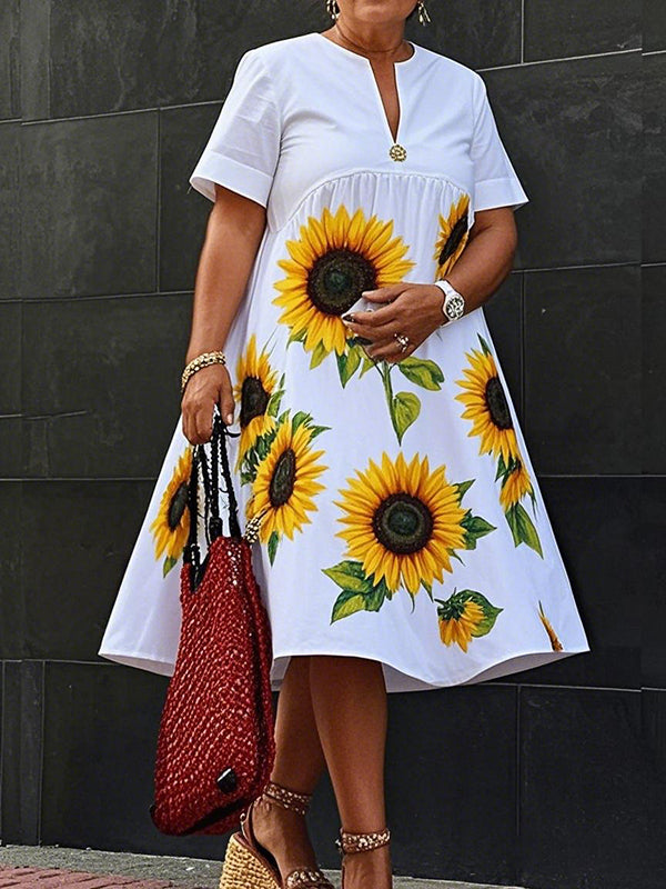 A-Line Loose Flower Print Pleated V-Neck Midi Dresses