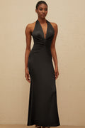 Colette Black Halterneck Ruched Satin Gown
