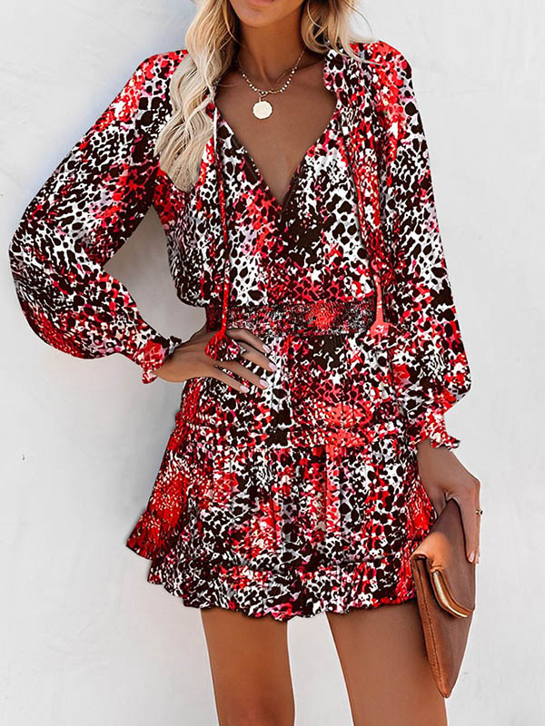 A-Line Long Sleeves Contrast Color Leopard Pleated Split-Joint Tied V-Neck Mini Dresses