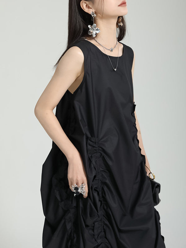 Loose Sleeveless Asymmetric Elasticity Pleated Solid Color Round-Neck Midi Dresses