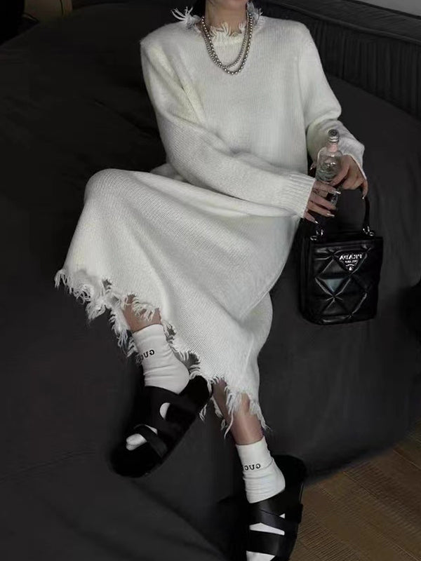 High Waisted Long Sleeves Fringed Solid Color Round-Neck Midi Dresses Sweater Dresses