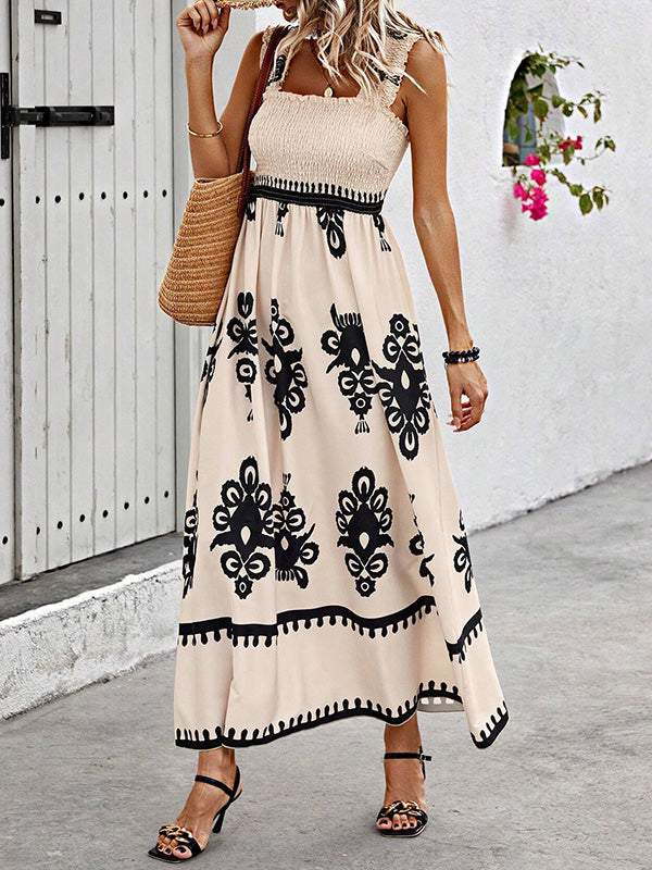 A-Line Loose Elasticity Pleated Printed Split-Joint Square-Neck Maxi Dresses