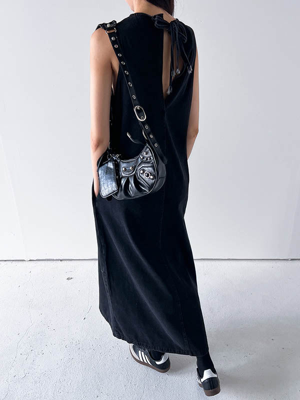 A-Line Loose Pockets Solid Color Tied Round-Neck Maxi Dresses