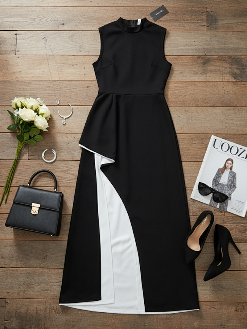 Irregular Clipping Skinny Contrast Color Round-Neck Maxi Dresses