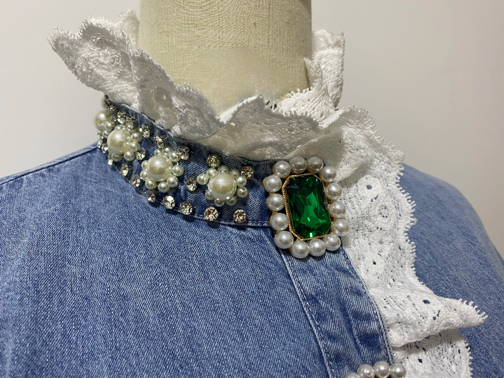 Luxe Ruffled Gemstone Denim Blouse