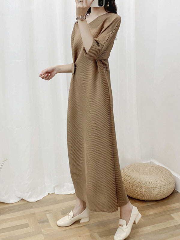 Half Sleeves Irregular Clipping Pleated Solid Color Round-Neck Midi Dresses