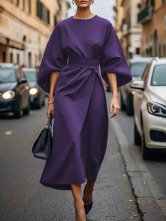 Loose Puff Sleeves Pleated Solid Color Split-Joint Round-Neck Midi Dresses