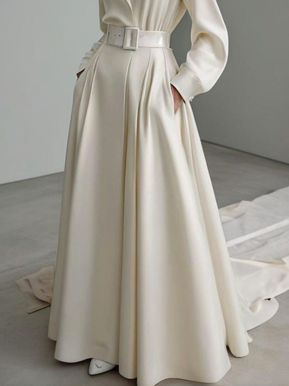 Long Sleeves Loose No Belt Solid Color Notched Collar Maxi Dresses
