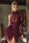 Éléna Burgundy Asymmetrical Ruffled Tulle Mini Dress