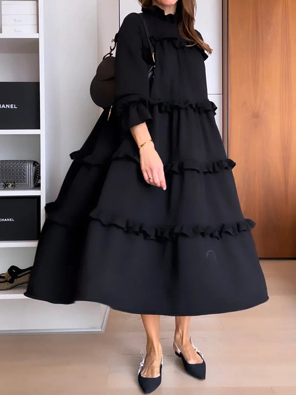 A-Line Loose Ruffled Solid Color Split-Joint Round-Neck Maxi Dresses