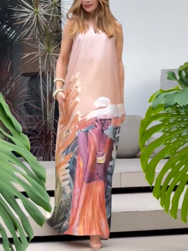 Loose Sleeveless Figure Pockets V-Neck Maxi Dresses