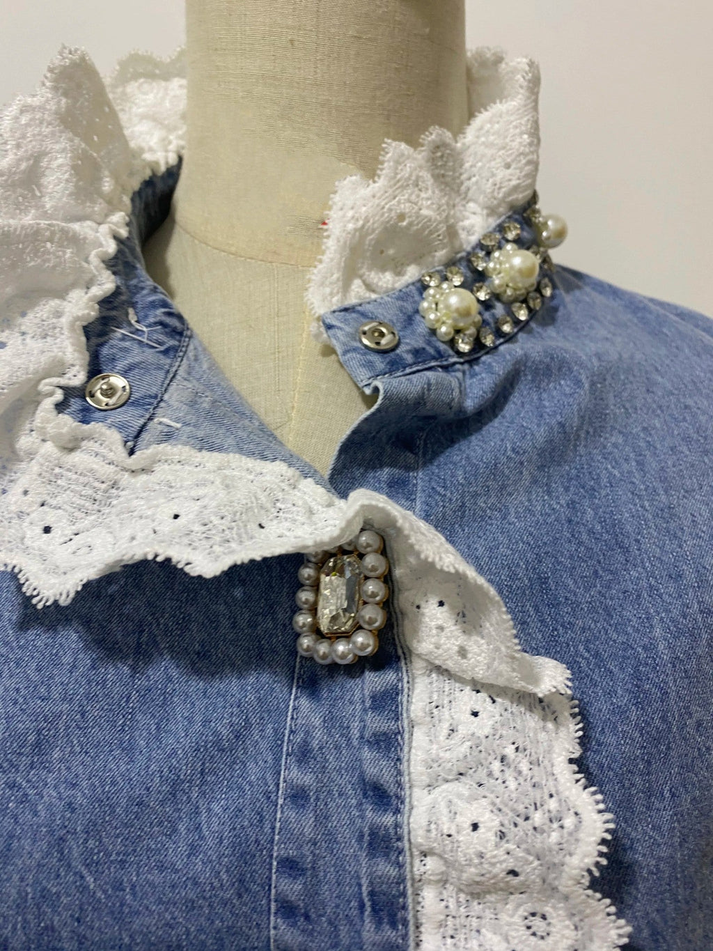 Luxe Ruffled Gemstone Denim Blouse