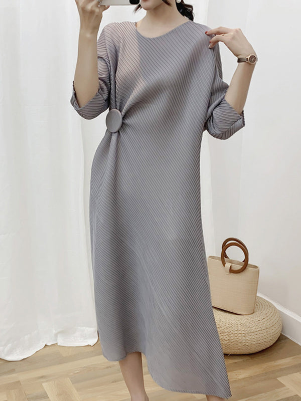 Half Sleeves Irregular Clipping Pleated Solid Color Round-Neck Midi Dresses