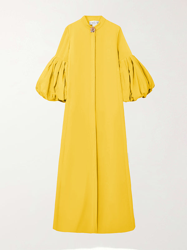 Loose Flower Shape Solid Color Stand Collar Lantern Sleeves Maxi Dresses