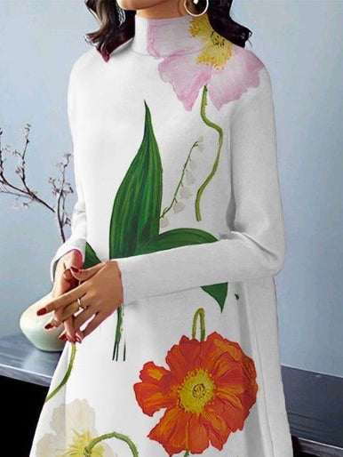 Long Sleeves Loose Flower Print High Neck Midi Dresses