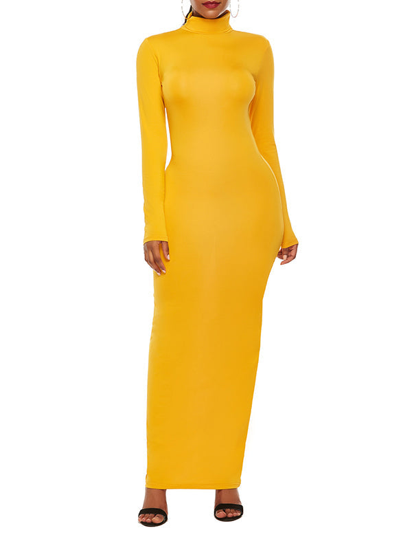 Bodycon Long Sleeves Solid Color High Neck Maxi Dresses