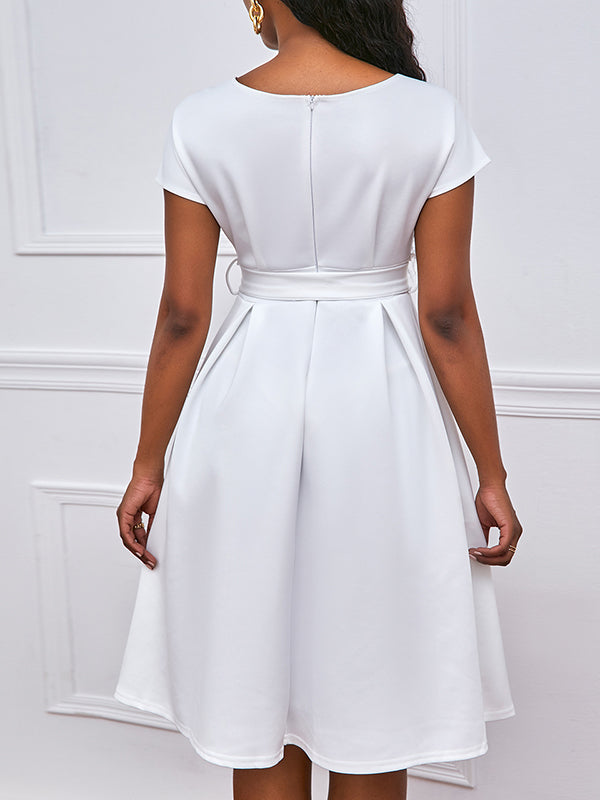 Bowknot Lace-Up Solid Color V-Neck Midi Dresses