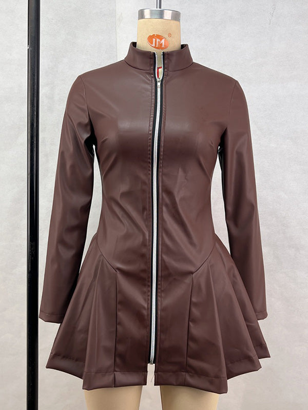 Long Sleeves Skinny Pleated Split-Joint Zipper Stand Collar Mini Dresses