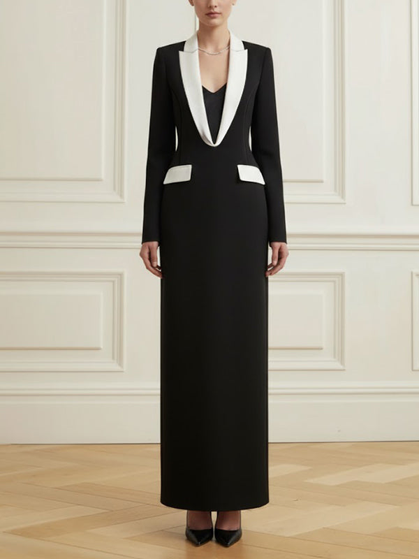 Long Sleeves Contrast Color Deep V-Neck Maxi Dresses