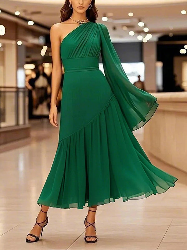 Long Sleeves Loose Pleated Solid Color Zipper One-Shoulder Maxi Dresses