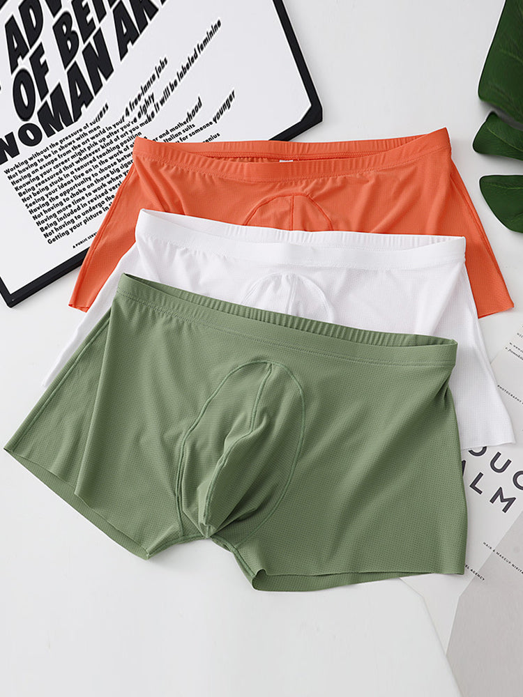 3 Pack Men's Ice Silk Mesh Large Pouch Solid Color Sexy Trunks