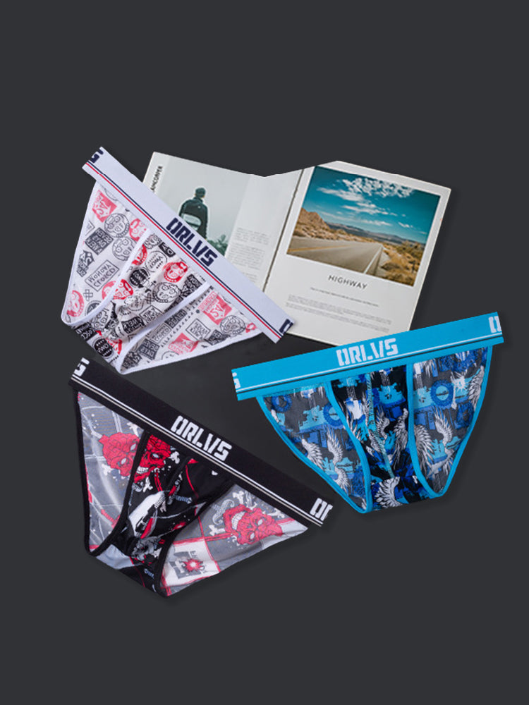 2 Pack Men's Breathable Ice Silk High-Cut Printed Bikini