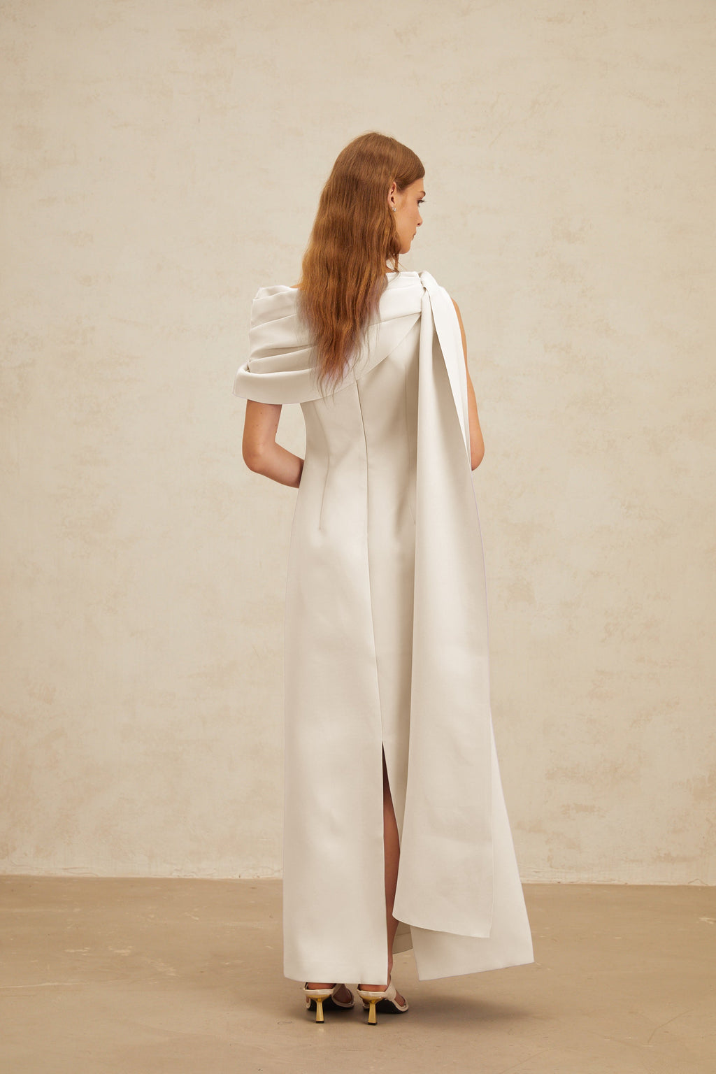Annabelle White Cape-Design Ribbon Maxi Dress
