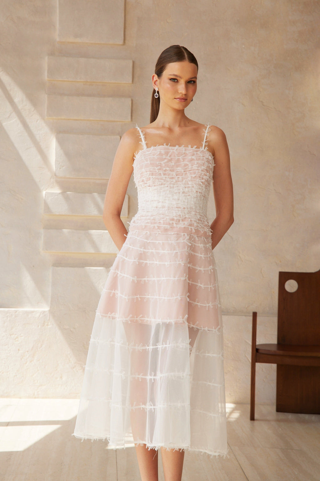 Eléonore White Creased Tulle Midi Dress