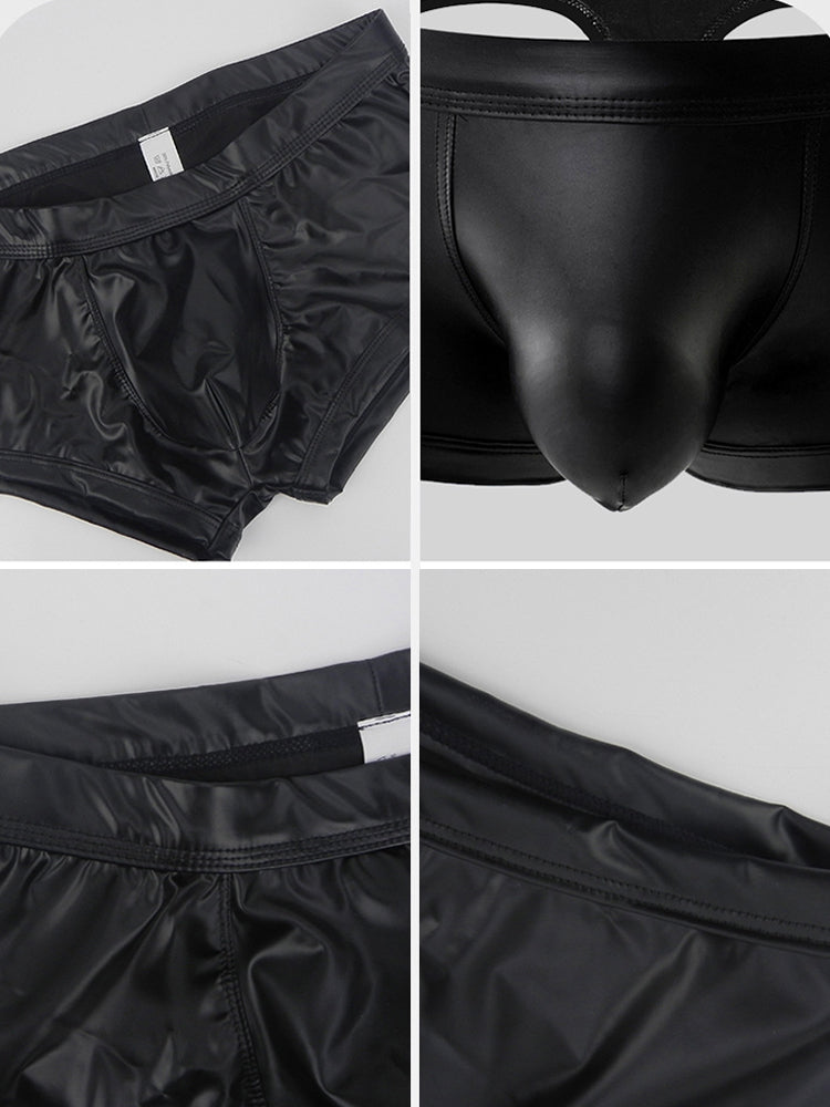 2-pack Men's Leather Hollow Hip-revealing Large Pouch Boxer Briefs