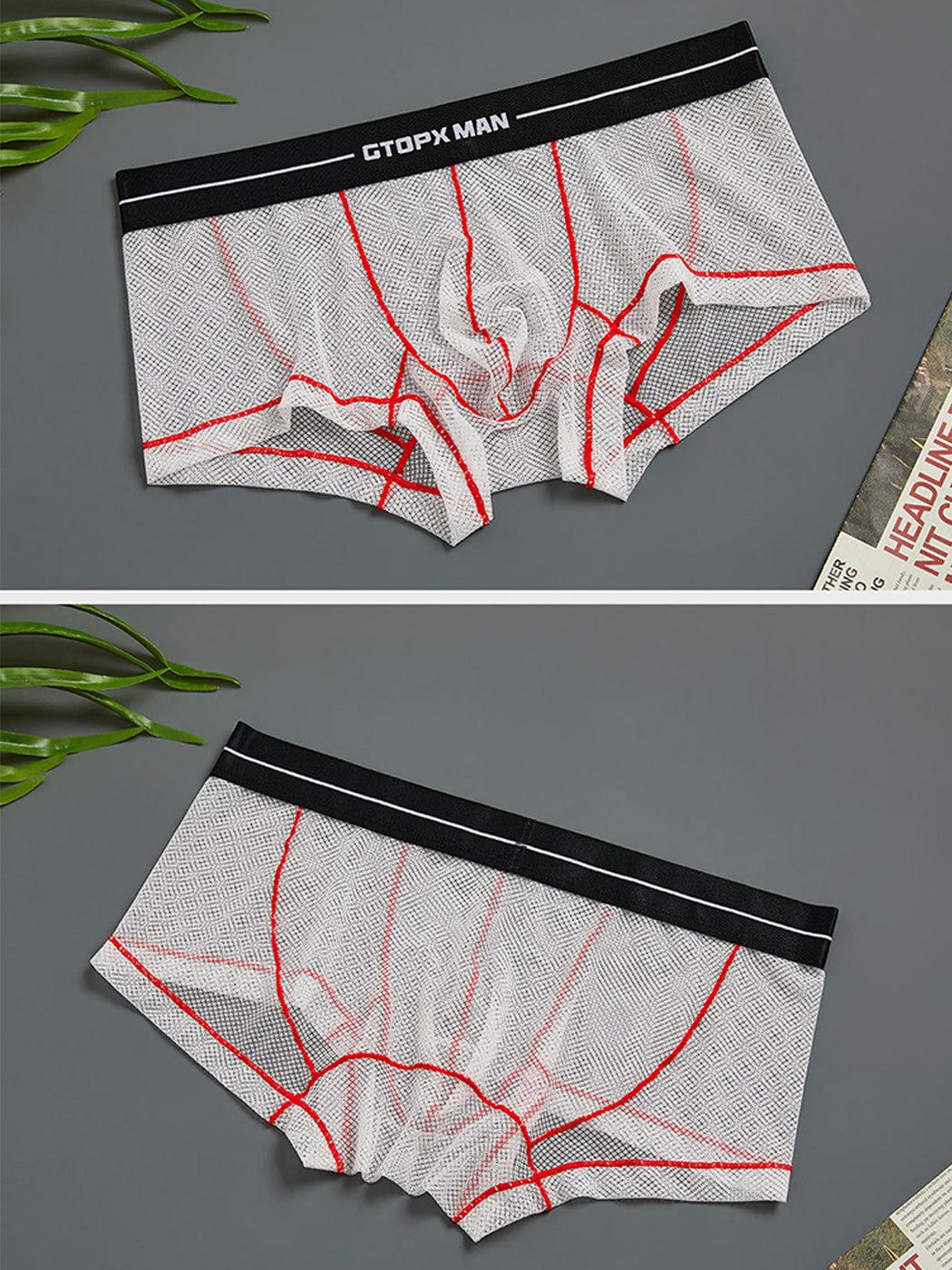 2 Pack Men's Sexy Low-rise Transparent Mesh Trunks