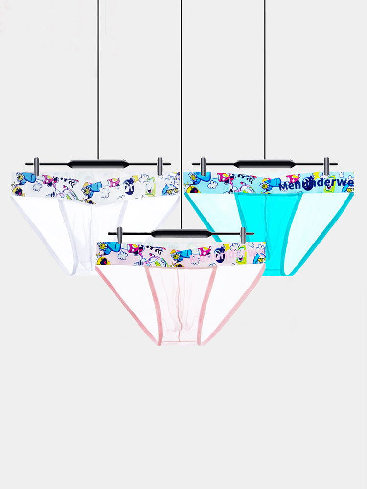 2 Pack Men's High-Cut Cartoon Waistband Breathable Semi-Transparent Bikini