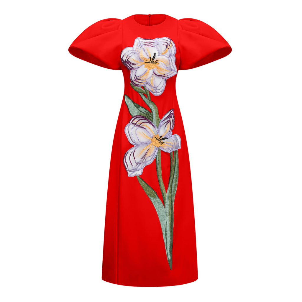 Irène Red Sequined Floral Embroidered Midi Dress