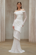 Étincelle White Ruched Lace Maxi Dress