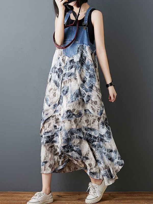 Loose Plus Size Flower Print Pockets Split-Joint Spaghetti-Neck Maxi Dresses Suspender Dress
