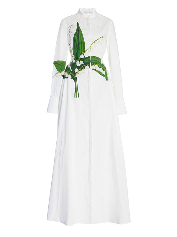 A-Line Long Sleeves Buttoned Flower Print Round-Neck Maxi Dresses