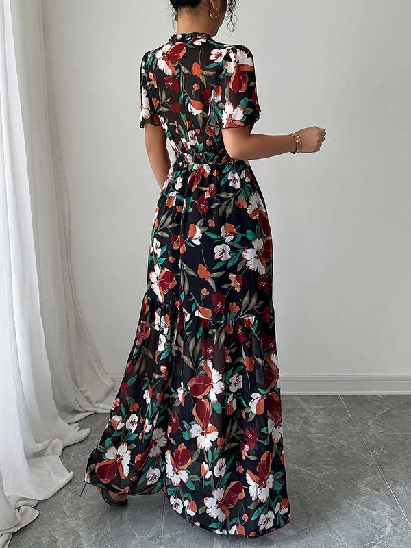 A-Line Loose Contrast Color Elasticity Flower Print Pleated V-Neck Maxi Dresses