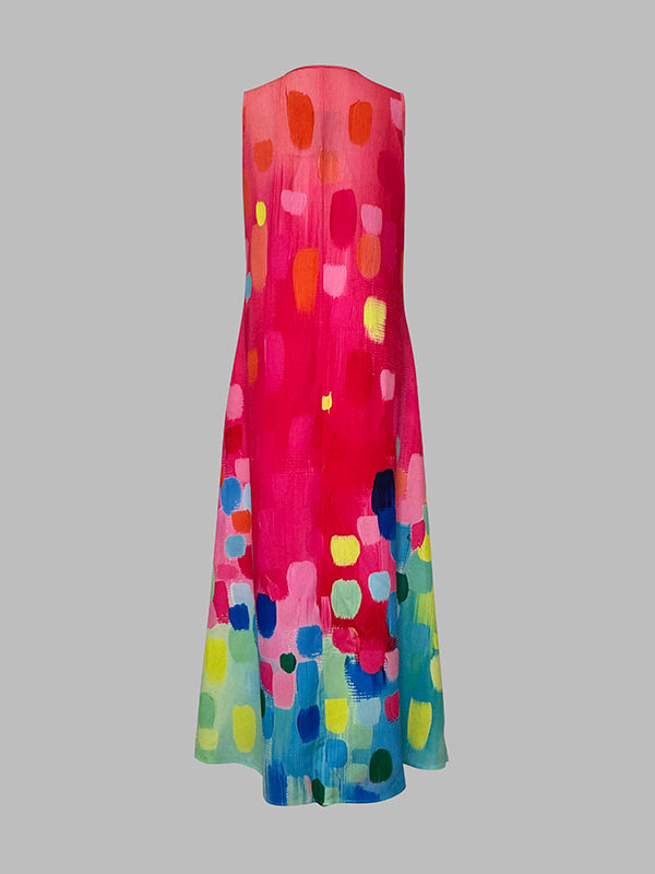 Loose Sleeveless Contrast Color Printed V-Neck Maxi Dresses