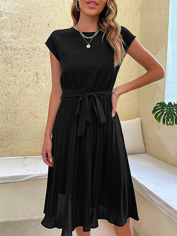 A-Line Loose Pleated Solid Color Tied Waist Round-Neck Midi Dresses
