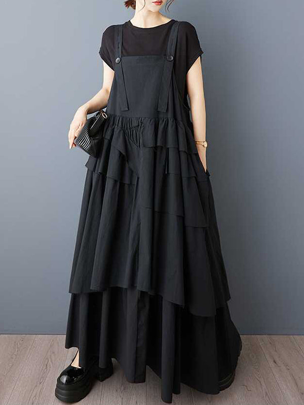 A-Line Loose Asymmetric Buttoned Pleated Spaghetti-Neck Maxi Dresses Suspender Dress
