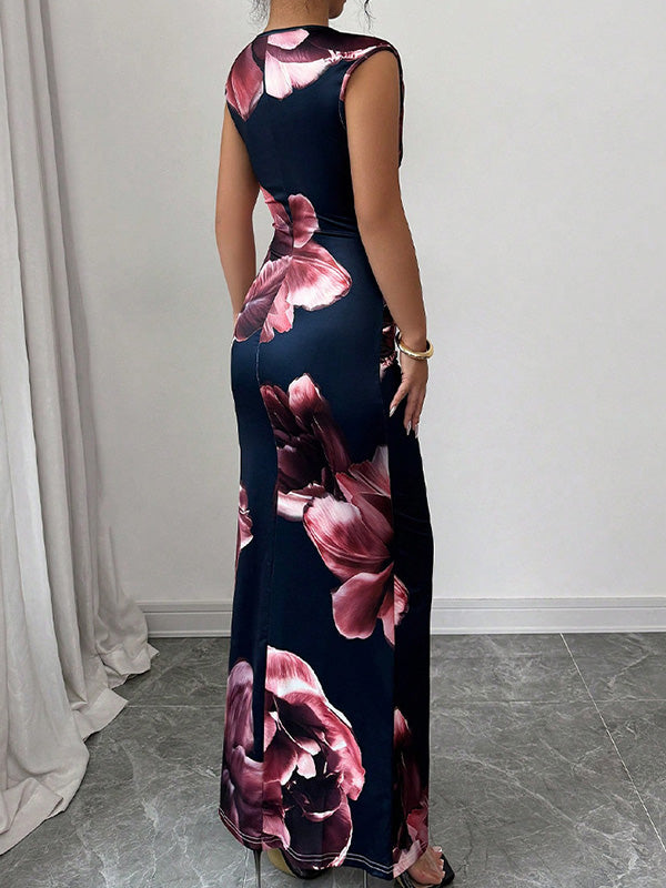 Bodycon Sleeveless Contrast Color Flower Print Round-Neck Maxi Dresses