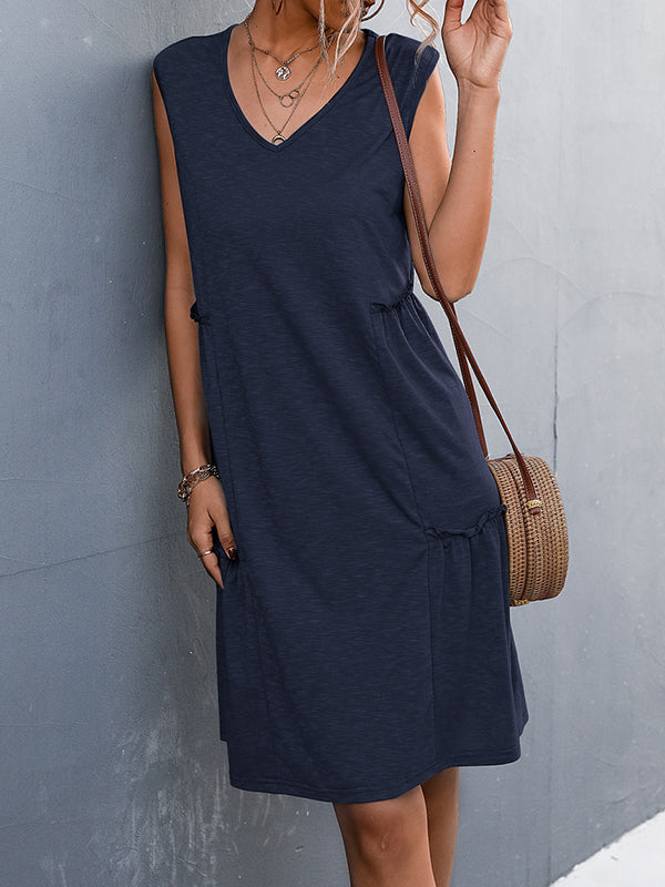 A-line Loose Pleated Solid Color Split-Joint V-neck Midi Dresses