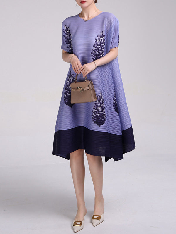 A-Line Loose Flower Print Pleated Round-Neck Midi Dresses