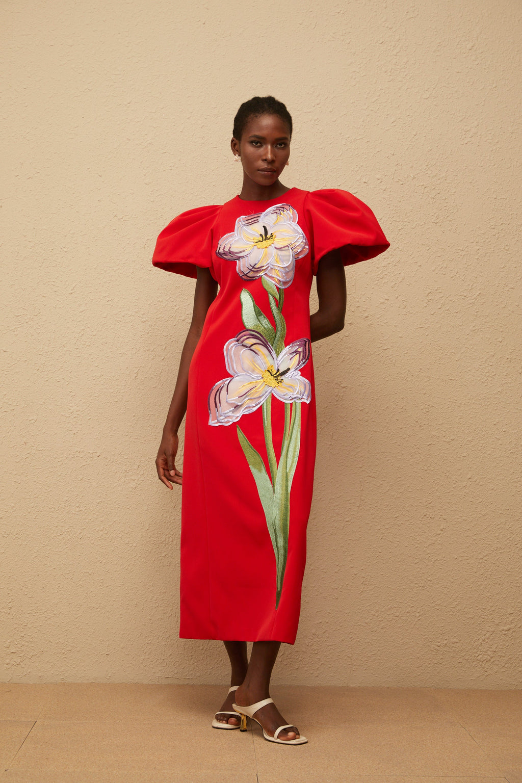 Irène Red Sequined Floral Embroidered Midi Dress