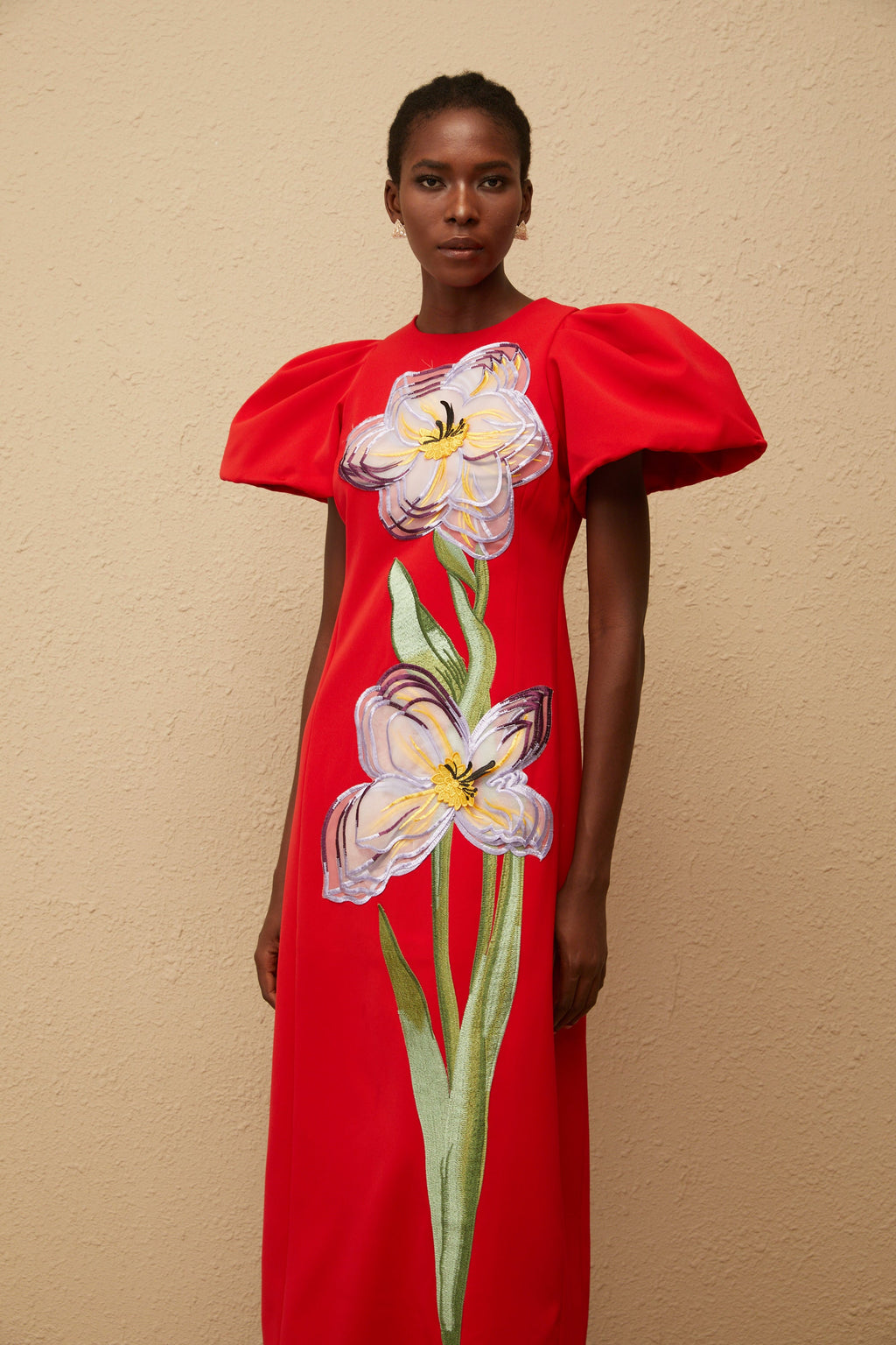 Irène Red Sequined Floral Embroidered Midi Dress