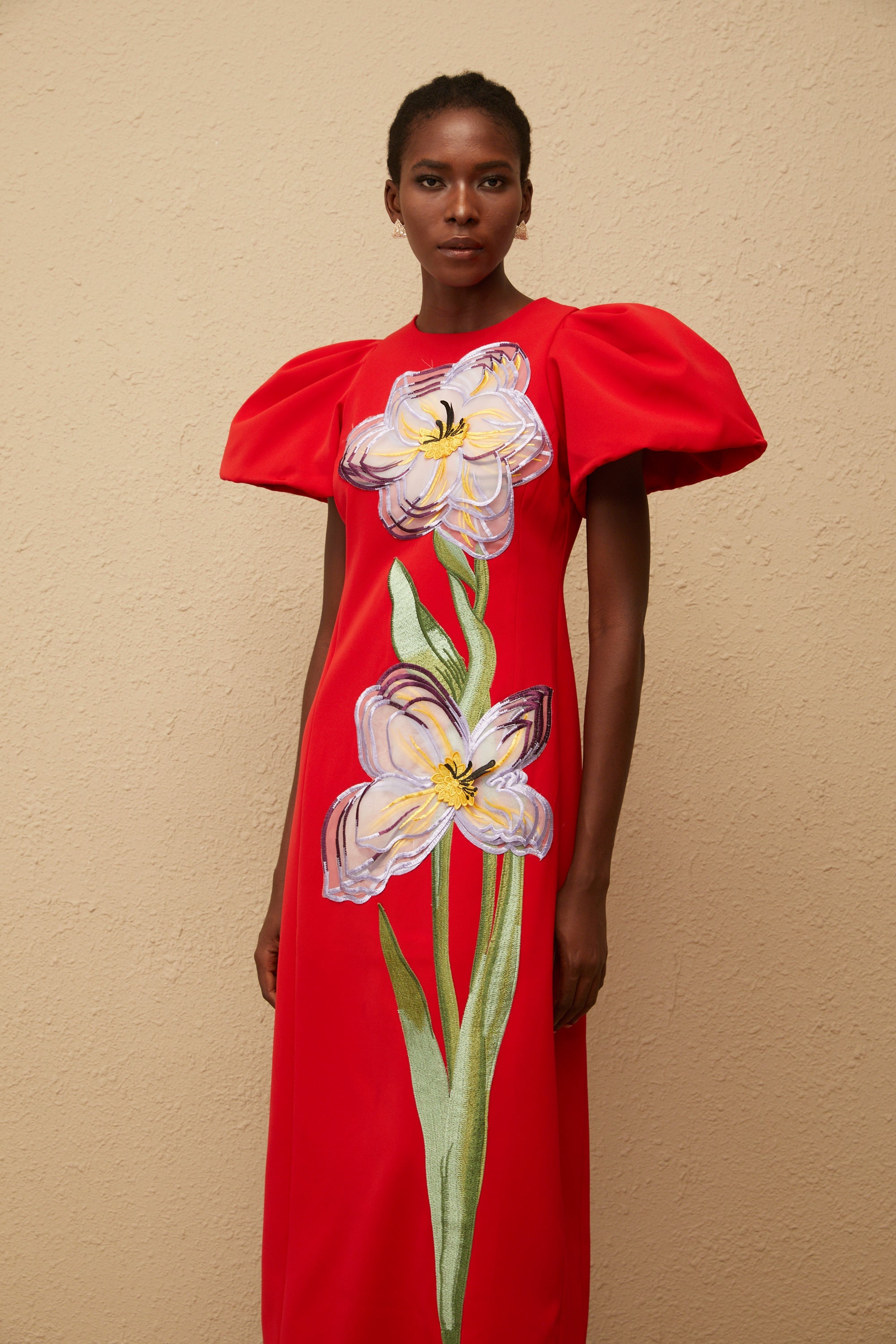 Irène Red Sequined Floral Embroidered Midi Dress