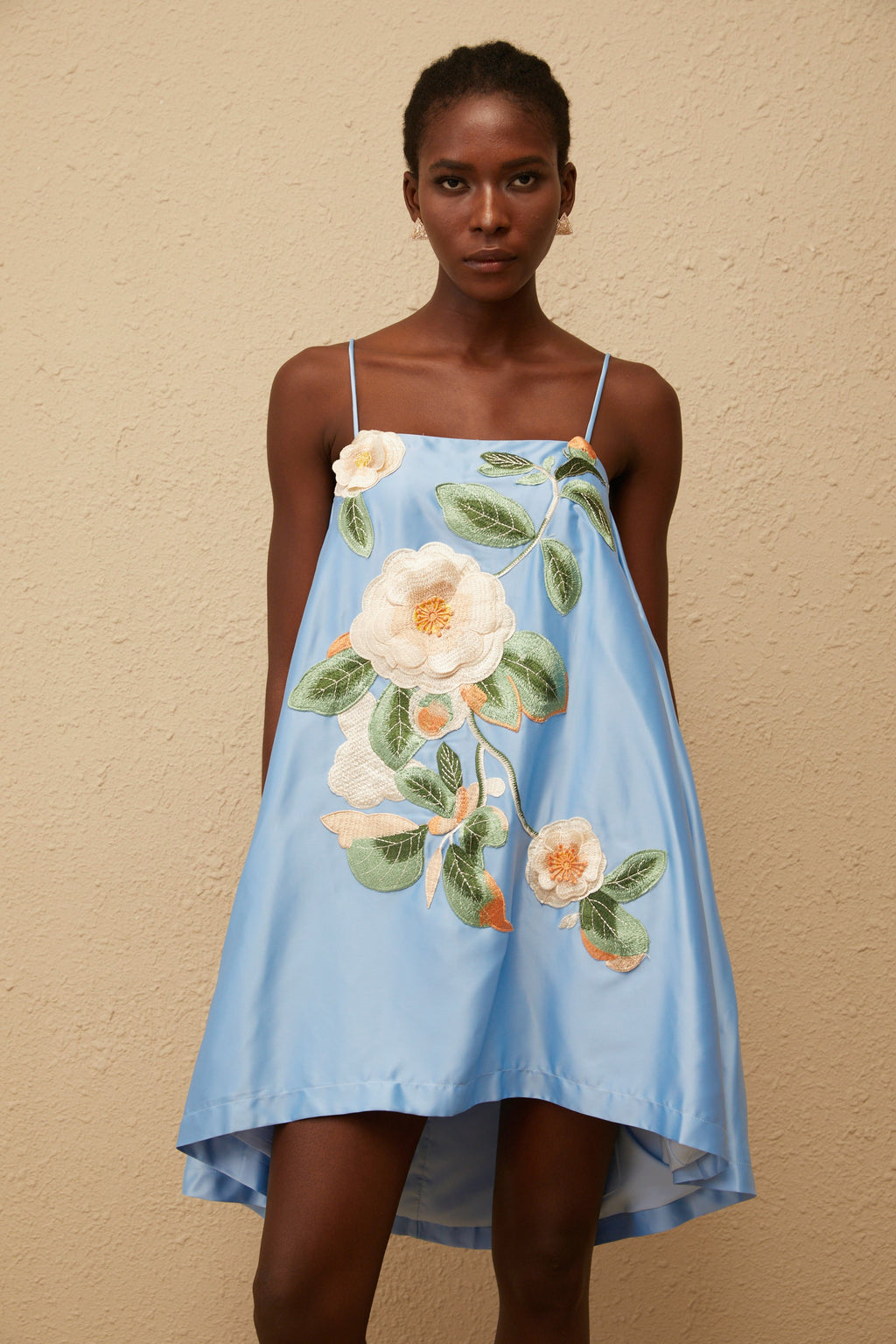 Avril Blue Floral Embroidered Satin Mini Dress