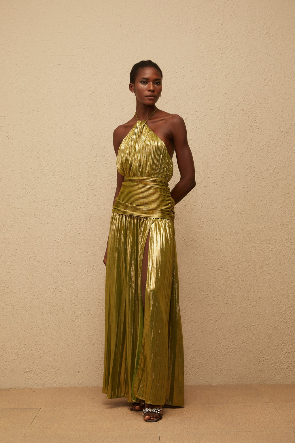Alchimie Green Glossy Pleated Maxi Dress