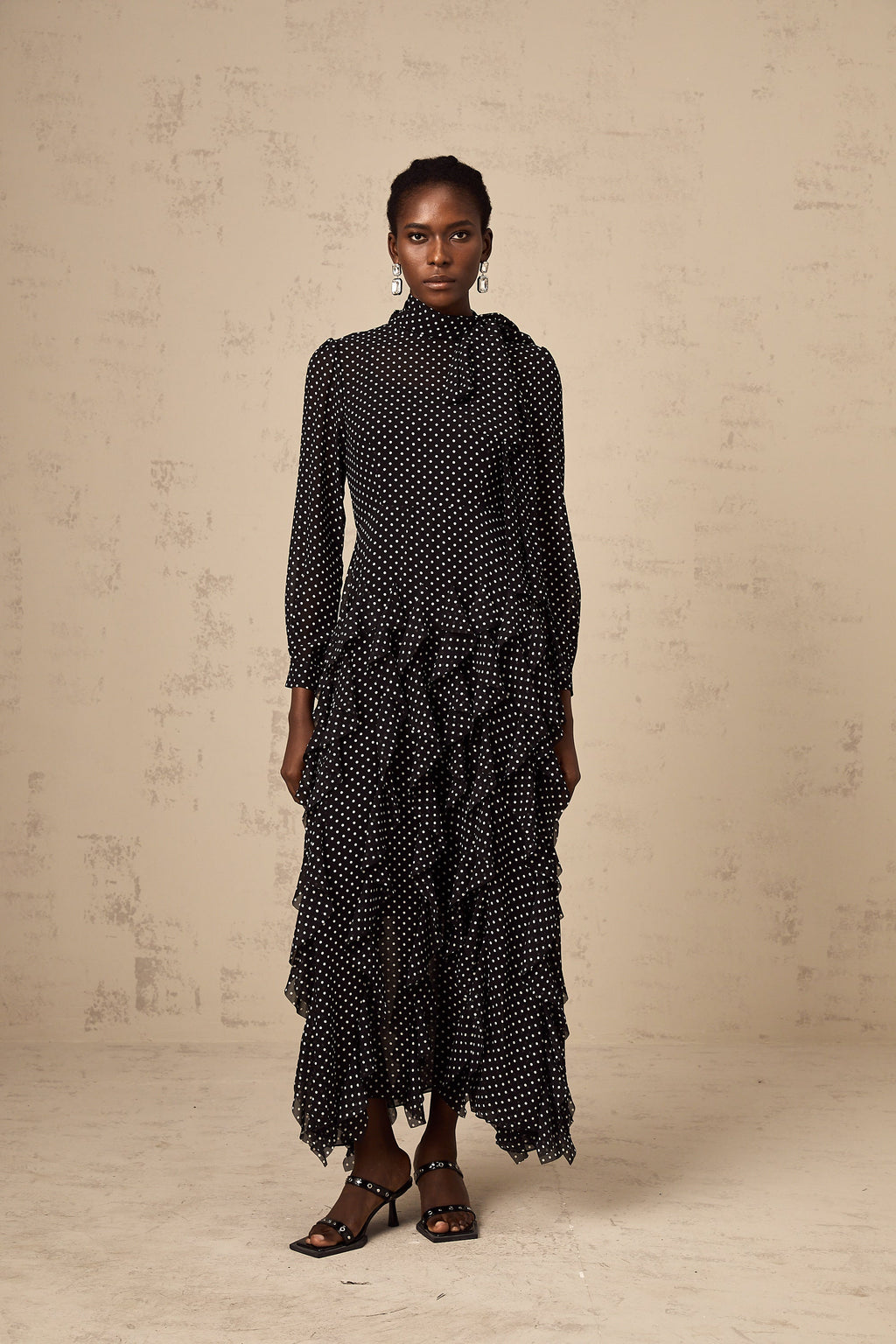 Coraline black polka-dot ruffled midi dress